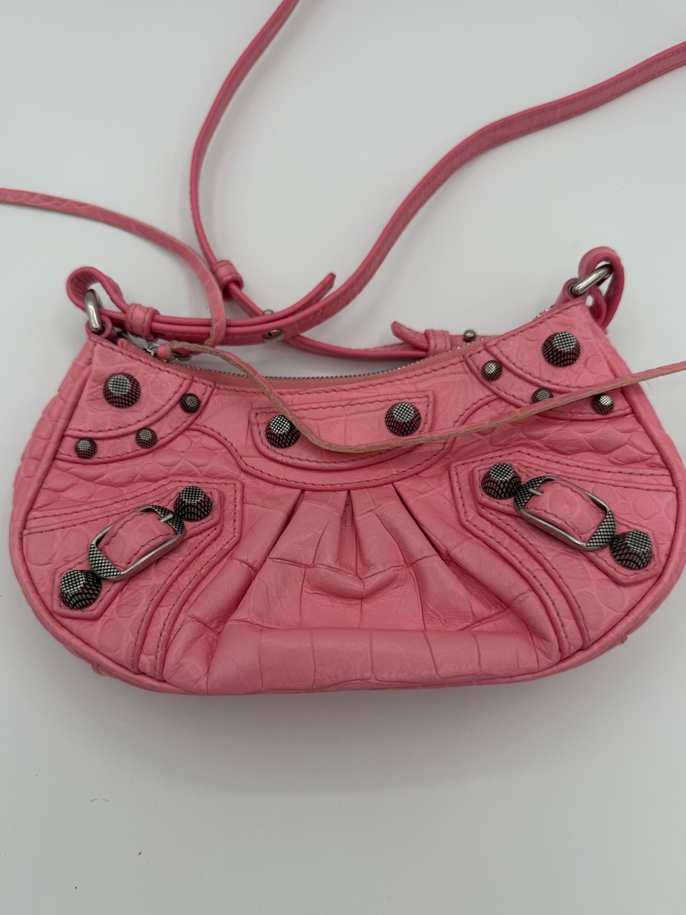 Balenciaga Motocross Mini City Pink Croc Embossed Crossbody Shoulder Bag